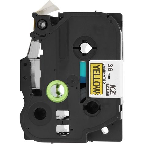 Ruban d'étiquettes laminées 36 mm pour étiqueteuses Brother PT-9700PC, PT-9800PCN et PT-3600. Noir sur jaune. (1/5)