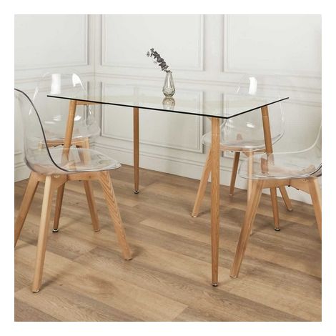 The Home Deco Factory – Table de salle à manger rectangulaire 4 places – Plateau en verre transparent – Pieds en métal imitation bois – Style moderne