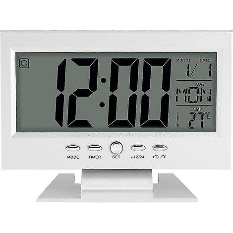 Réveil élégant argenté à grand écran LCD avec commande vocale et veilleuse - l'affichage de l'heure et de la température est clair et facile à lire. (1/5)