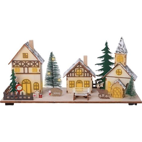 LED Holz Weihnachts Dorf Szene - 34 x 16 cm - Tischdeko Winterstadt beleuchtet - Weihnachtsszene Tischdekoration Weihnachtsdeko beleuchtet