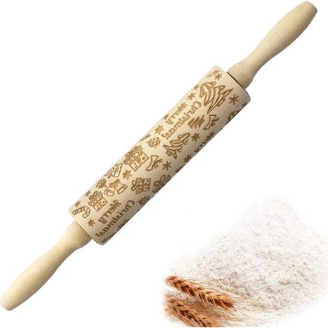 Rouleau à pâtisserie en bois naturel pour gaufrage de Noël - Rouleau décoratif en bois pour biscuits et pâtisserie (1/5)