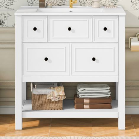 Meuble lavabo blanc laqué 76x46,5x82 cm avec vasque céramique intégrée, 5 tiroirs silencieux et rangements ouverts, lavabo sur pied (1/5)