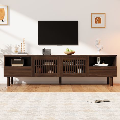 Meuble TV bas 180x40x51 cm en MDF avec 2 portes cannage, 2 tiroirs et rangements ouverts, pieds en bois - Noyer (1/4)