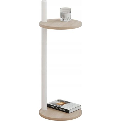 Mesita auxiliar redonda tipo loft con estante, 30x30x80 cm, metal blanco. (1/5)