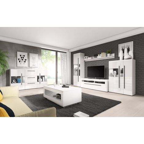 Wohnzimmer Set inkl. Wohnwand Sideboard Couchtisch und Beleuchtung TURDA-83 in Hochglanz weiß mit Absetzungen in schwarz, B/H/T: ca. 320/204/50 cm (1/5)