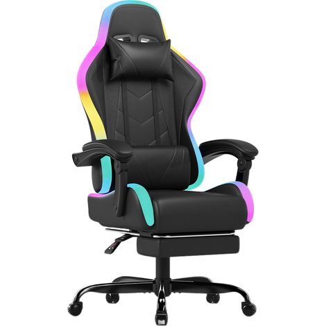Chaise Gaming avec LED, Fauteuil Gaming au Design de La Course Automobile avec Repose-Pieds Extensible, Chaise de Bureau Ergonomique avec Fonction Massage, Capacité de Charge 150 kg, Noir (1/5)