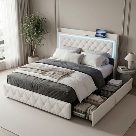 Lit avec 4 tiroirs 140x190, éclairage LED et ports USB/Type-C, lit double adulte, cadre de lit rembourré en velours avec tête de lit capitonnée et étagère, Beige