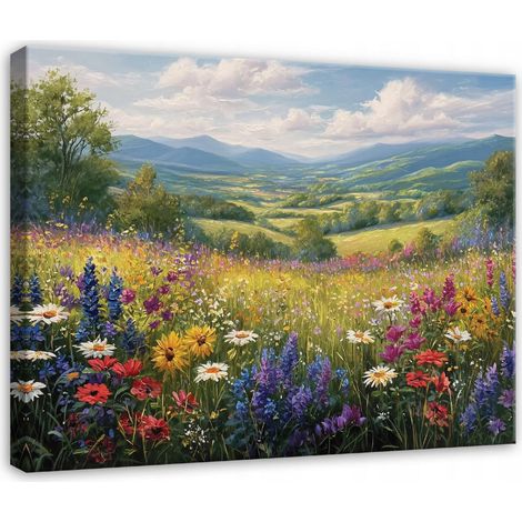 Tableau mural sur toile Fleurs des champs et prairie, paysage nature pour chambre, salon et cuisine, impression haute definition, 100 x 70 cm