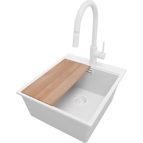 PRIMAGRAN Evier Cuisine en Granit 43x50cm, Lavabo 1 bac + Robinet 40x20cm + Kit de Vidage + Accessoire, Évier à Encastrer au meuble 45cm - Oslo, Tout Blanc (1/5)