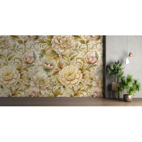 Papier peint fleuri - pivoines dorées classiques - 150 x 250 cm (1/2)