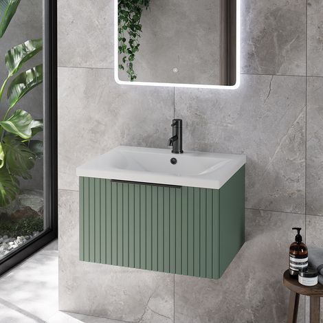 Helix 460 Fluted Satin Green 600mm Wall Mounted 1 Drawer Vanity Unit with Glide Basin
