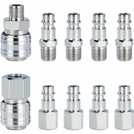 10 Pièces Raccord Rapide de Compresseur 1/4"BSP Coupleur Pneumatique d'air Kit Raccords de Tuyau Connecteur Homme Femme