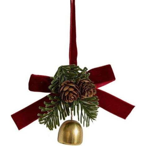 Campanellini natalizi decorativi in metallo dorato – Set di 4 con fiocchi in raso rosso e pigne naturali per albero di Natale e uso interno.