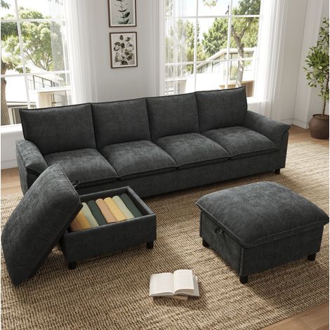 Divano modulare a U 264.5x142.5x84 cm con 2 pouf, seduta profonda, schienale alto, chenille nero (1/5)