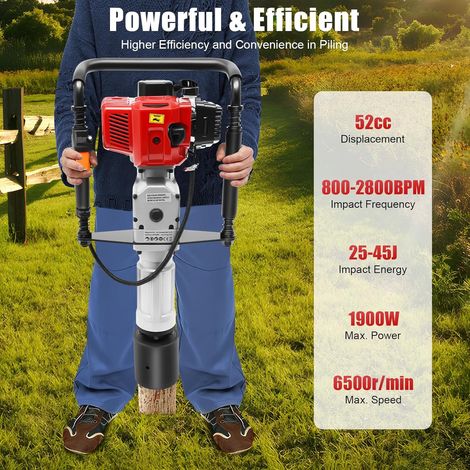 52cc Benzin Pfahlramme mit Benzinmotor, 2-Takt 1900W, Manuelles Rammgerät für Zaunbau, Pfostenramme Benzin Pfostentreiber mit 2 Pfostenantriebsköpfe für Gartenzaun Bauerngarten