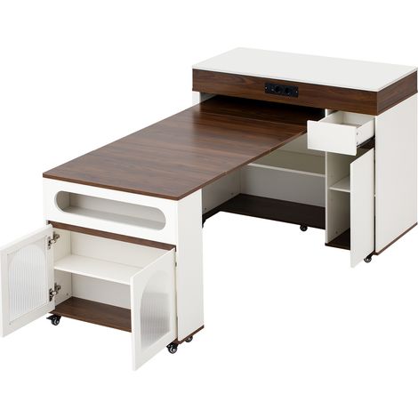 Carrello da cucina allungabile con 1 cassetto, 1 armadietto, ante in vetro, prese integrate e ruote, bianco noce (1/5)