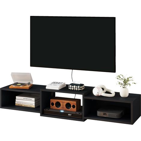 WST013B Support TV flottant à fixation murale, meuble TV en bois, étagère flottante pour rangement sous TV pour salon, chambre à coucher, bureau, noir (1/5)