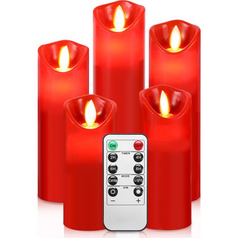 Jiubiaz Bougies à LED Lot de 5 Bougies LED décoratives Bougie sans Flamme de avec télécommande à 10 Touches Flamme LED Clignotante rouge (1/5)