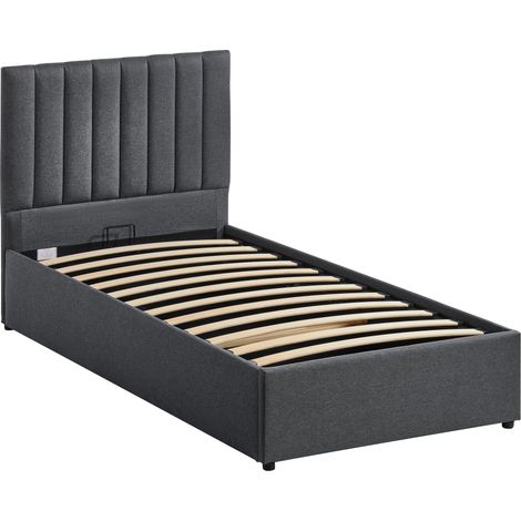 Vellaro Single Ottoman Storage Upholstered 100 cm Linen Bed Frame with Headboard, Dark Grey (1/5)