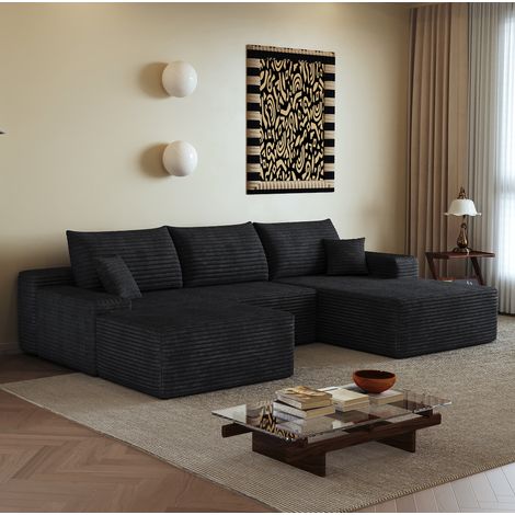 Divano angolare modulare 270 cm nero in velluto a coste con chaise longue a L (1/5)