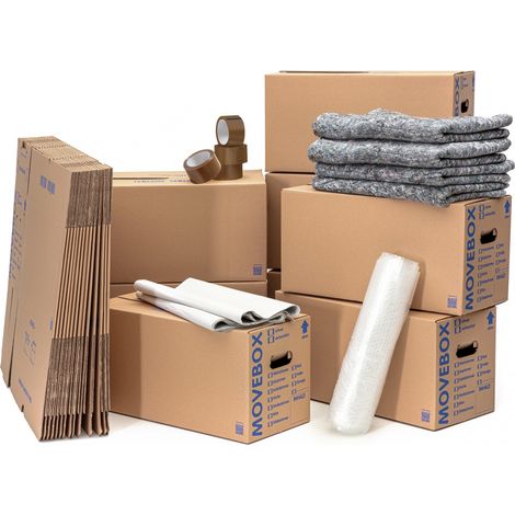 Umzugsset 2-3 Zimmer Wohnung Umzugskartons Packseide Luftpolsterfolie Klebeband Umzugsdecken (1/5)
