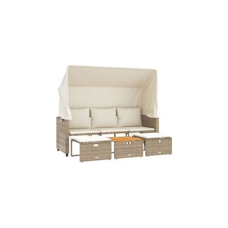 Canapé de jardin 3 places avec auvent et tabourets beige rotin (1/5)