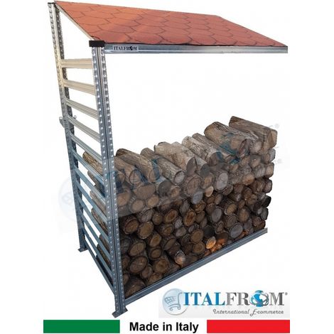 Legnaia Modulare ITALFROM in Acciaio Zincato con Staffe a Parete - Modulo Continuativo - cm L120xP80xH200 Tetto Rosso