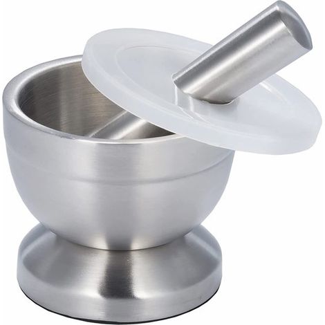 Mortier et pilon en acier inoxydable, de qualité alimentaire, diamètre 8,5 cm, broyeur à herbes et à épices, avec couvercle (1/5)