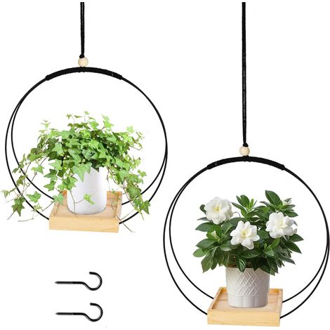 Lot de 2 pots de fleurs suspendus en métal noir avec socle en bois - Pour plantes d'intérieur, plantes grasses, plantes aériennes, cactus (1/5)