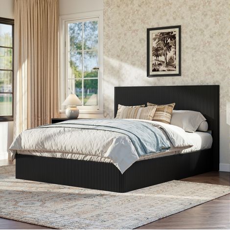 Letto con contenitore 160x200 cm nero, testiera a rilievo, sistema idraulico e struttura in metallo/MDF (1/5)