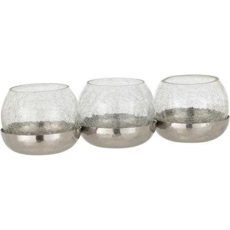 Photophore Verre Craquelé "3 Boules" 27cm Argent (1/3)