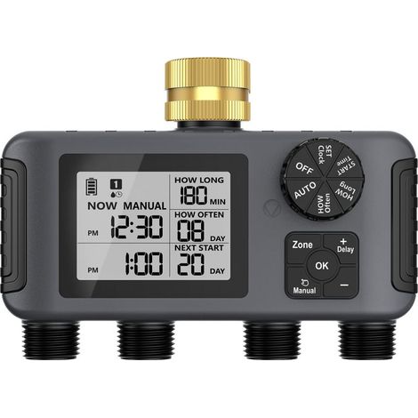 Ordinateur d'irrigation 4 sorties, minuterie d'arrosage de jardin avec retard de pluie/mode automatique et manuel, IPX5 étanche/grand écran LCD, contrôle de l'arrosage (1/5)