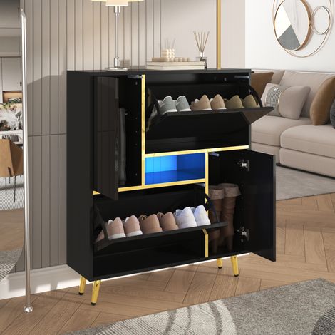 Zapatero brillo negro detalles dorados iluminación LED tablero de partículas 80x25x96cm (1/5)