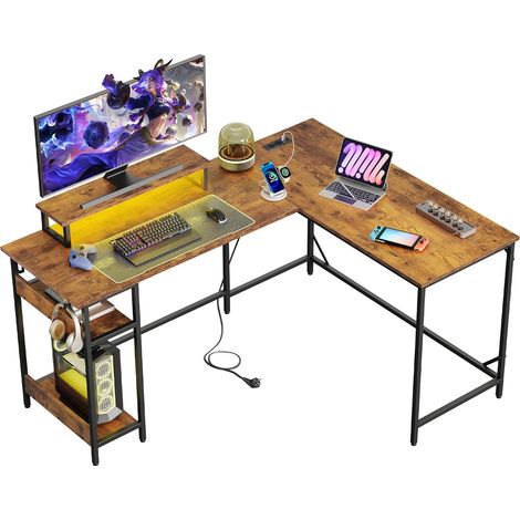 Bureau gaming 2-en-1 transformable L 152 × 118 cm ou I 220 × 50 cm, éclairage RGB, support écran et étagère, home office, brun vintage (1/5)