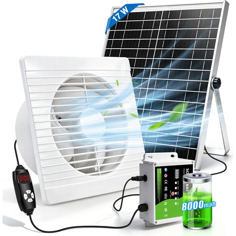 150mm 180m³/h Ventilateur D'Extraction Solaire avec Batterie 8000mAh 17W/36db Fonctionnement Jour et Nuit Vitesse Réglable Minuterie Écran Niveau Batterie Cable 4m IP44 Étanche Silencieux pour Poulail