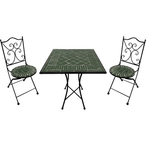 AXI – Ensemble table et chaises de jardin 3 pièces – 1 table mosaïque vert foncé et 2 chaises pliantes – Cadre métal durable pour extérieur