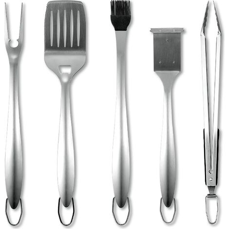 Ensemble de 5 ustensiles de barbecue en acier inoxydable, comprenant une pince, une spatule et une fourchette. Accessoires de barbecue pour hommes, cadeau de Noël.-AquaForge (1/5)