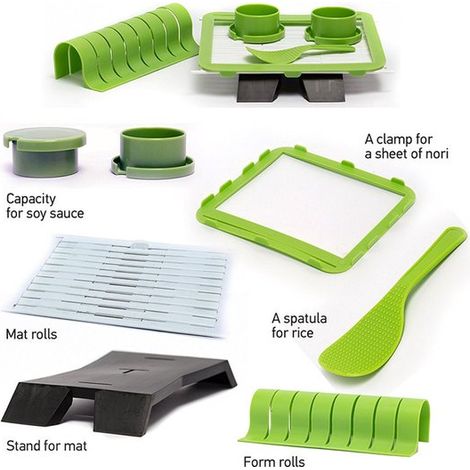 Das Sushi Set beinhaltet einen Reisverteiler, einen Reislöffel, eine Rollmatte, einen Sushi Schneider, einen Untersetzer und einen Deckel für Soj (1/5)
