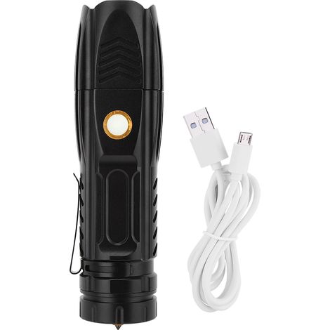 Lampe torche LED P90 étanche extérieur, lumière forte, zoom télescopique, rechargeable USB, pince-stylo et cône de sécurité noir. (1/5)