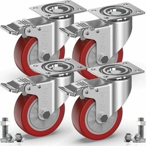 LaBlanc - 4 Roulettes Pivotantes Pour Meubles avec Frein + Vis,100mm Jusqu'à 600KG,Roulette Sans Traces au Sol pour Charge Lourde,Roue en Caoutchouc pour Chariot,Argentées (1/5)