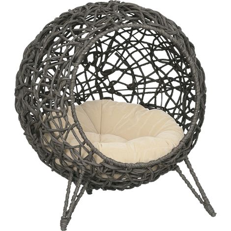 PawHut Rattan Elevated Cat Bed House Kitten Basket Ball-Shaped Pet Furniture Grey