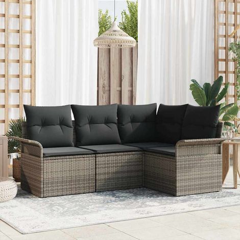 Gartensofa-set mit Speicher 4 pcs Grau Poly-Rattan