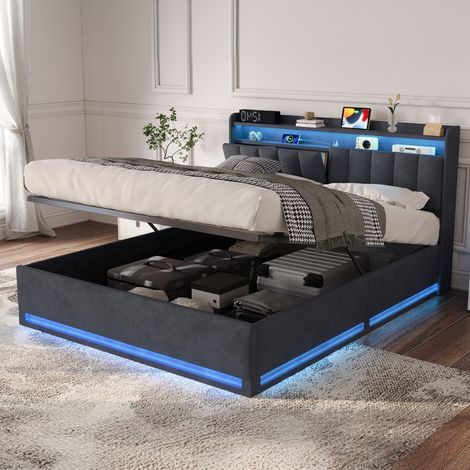 Cama de 140x190 con somier, cama de 140x190 con canapé, cama de matrimonio, cajones extensibles y compartimentos de almacenaje, carga USB y Tipo C, LED regulable, terciopelo gris