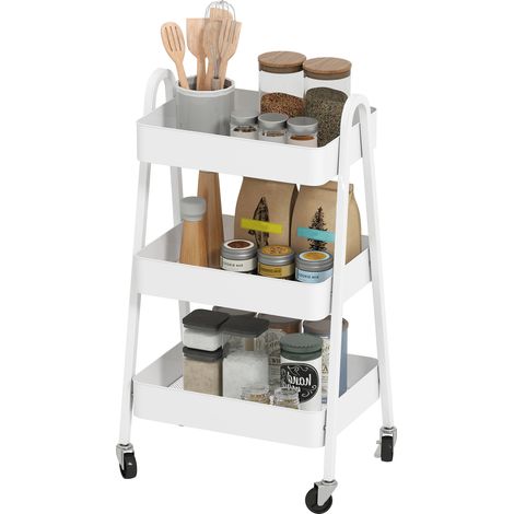 Chariot de service 3 étages avec roulettes et frein, blanc pour cuisine bureau salle de bain