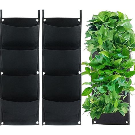 Lot de 2 Sacs de Plantation verticaux à Suspendre - 4 Poches - en Feutre épais - pour Balcon, extérieur, Jardin, Cour, Bureau, décoration de la Maison (Noir) (1/5)