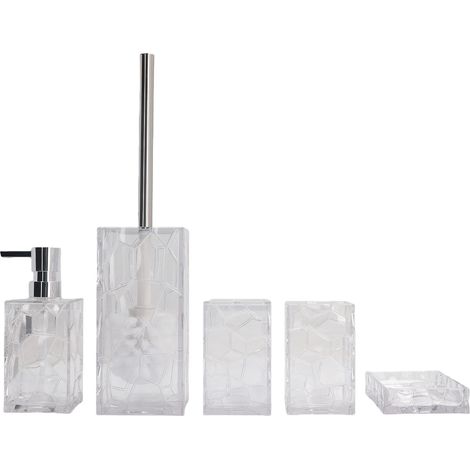 Ensemble d'accessoires de salle de bain : distributeur de savon, porte-savon, porte-brosse à dents, gobelet, brosse de toilette et support, blanc transparent (1/5)