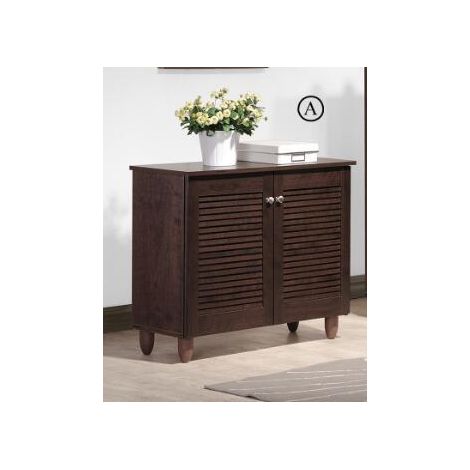 2 Door Shoe Cabinet Compact Slatted Doors Ventilated Storage Unit Oak Particle - Brown (1/3)