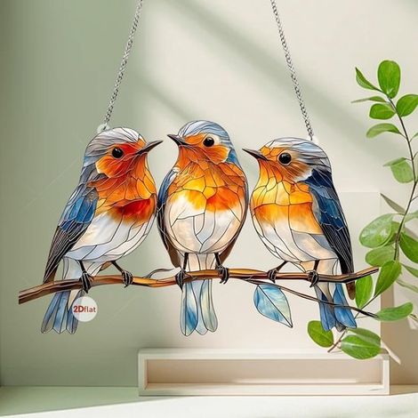 Oiseau suspendu style vitrail – Panneau acrylique 2D – Décoration de fenêtre – Cadeau pour femme, Fête des mères, Noël (15 cm – Moineau) (1/5)