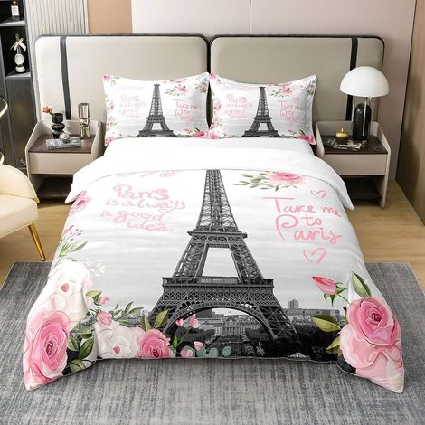 Fille Paris Tower 100% Coton Housse de Couette 140x200cm Rose Fleur Enfant Parure de Lit garçon Fille Tour Eiffel Literie Set Valentine Ensemble de lit - 140 x 200 cm + 1 taie d'oreiller 65 x 65 cm (1/5)