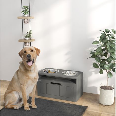 Mangiatoia rialzata per cani grandi 60x30x35 cm MDF grigia con vano contenitore – MEUBLIV (1/5)